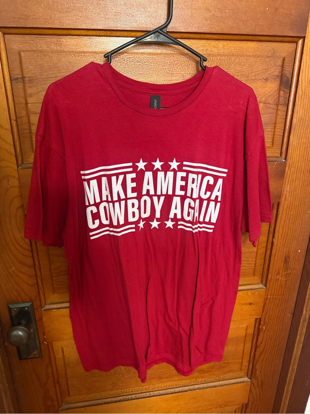 Unisex Red Short-Sleeve Tee with White 'Make America Cowboy Again' Graphic